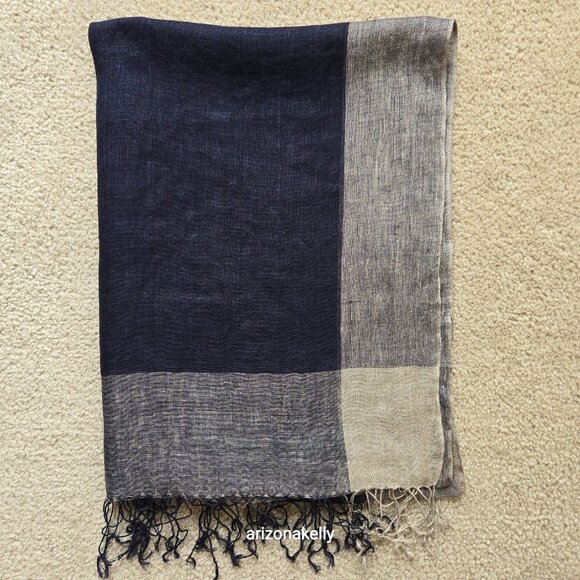NWOT Linen Scarf Navy Blue Tan - Picture 6 of 6
